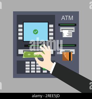 Mano che prende soldi dalla slot del bancomat. Ritiro della banconota in dollari. Illustrazione Vector banking in stile piatto alla moda. Illustrazione Vettoriale