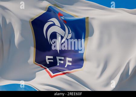 LONDRA, Regno Unito - luglio 2023: Logo della nazionale di calcio francese su una bandiera battente. Rendering 3D. Foto Stock