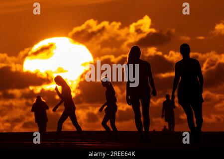 Isola di Palms, Stati Uniti. 27 luglio 2023. Gli amanti della spiaggia si stagliano dall'alba sull'Oceano Atlantico lungo la spiaggia, il 27 luglio 2023 a Isle of Palms, South Carolina. Un'ondata di calore prolungata in tutto il sud degli Stati Uniti continua a portare nella regione un clima estremamente caldo e umido. Crediti: Richard Ellis/Richard Ellis/Alamy Live News Foto Stock