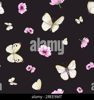 Cavolo farfalla e anemone rosa. Flying White Butterflies Among Blooming Flowers. Immagine isolata su sfondo nero. Foto Stock