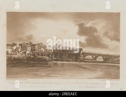 Sulle rive della Marna sotto il ponte a Charenton 1803; tavola 19 da vedute a Parigi, Emanuel volume tracing della targa B1981.25.2628 1803 di Richard Banks Harraden Foto Stock