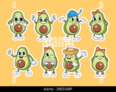 Confezione di adesivi per i personaggi degli avocado dei cartoni animati. Illustrazione Vettoriale