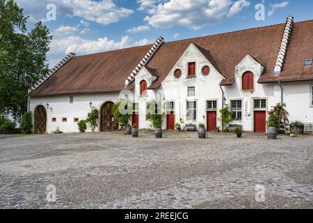 Ex fienili del monastero sulla piazza del monastero dell'ex abbazia benedettina, Rheinau, Andelfingen, Canton Zurigo, Svizzera Foto Stock