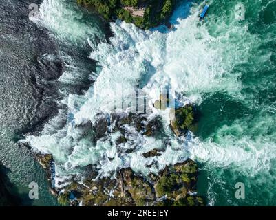 Vista aerea delle cascate del Reno, Neuhausen, Canton Sciaffusa, Svizzera Foto Stock