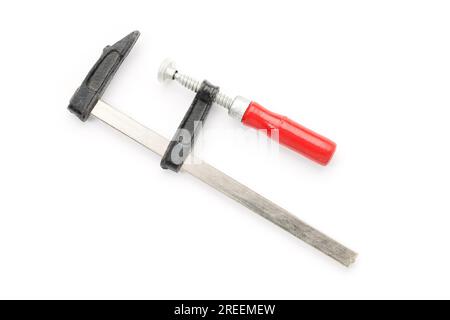 Vecchio morsetto a vite usato isolato su bianco Foto Stock