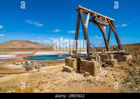 Parte di salina sulla spiaggia di sabbia salata. Sal. Pedro da Sal. Cabo Verde. Africa Foto Stock