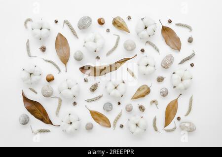 Decorazione con vista dall'alto con fiori di cotone foglie antiche. Risoluzione e foto bellissime di alta qualità Foto Stock