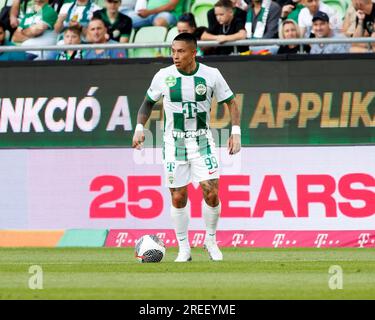 Budapest, Ungheria. 27 luglio 2023. Cristian Ramirez di Ferencvarosi TC controlla la palla durante la partita di andata del secondo turno di qualificazione della UEFA Europa Conference League tra Ferencvarosi TC e Shamrock Rovers al Groupama Arena il 27 luglio 2023 a Budapest, Ungheria. Credito: Laszlo Szirtesi/Alamy Live News Foto Stock