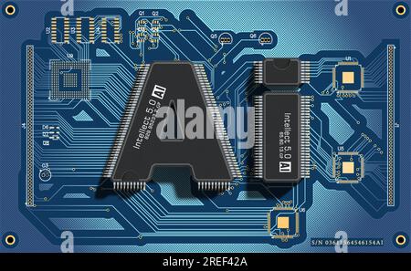 Due microchip sotto forma di lettere ai su una scheda elettronica. Concetto di intelligenza artificiale. rendering 3d. Foto Stock