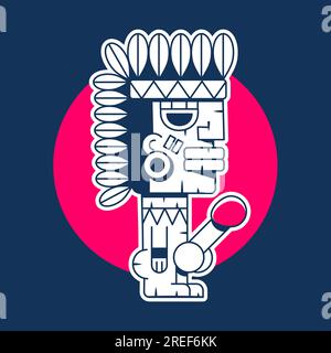 Maschera Tiki tribale. Totem hawaiano o idolo di legno azteco maya africana isolato su sfondo bianco. Testa rituale etnico, statua polinesiana, cartone animato Illustrazione Vettoriale