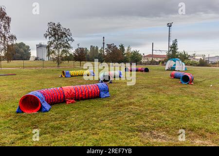 Vista del campo di agilità per cani a Lysa nad Labem, Repubblica Ceca Foto Stock