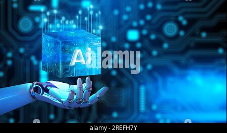 Robot porta mano ai processore chip di tecnologia Cube. Storage di big data, cloud computing, apprendimento automatico, tecnologia ai blockchain. Foto Stock