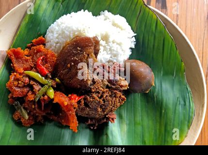 Nasi Gudeg. Tradizionale pasto giavanese di Yogyakarta a base di riso, stufato di frutta alla spina con uovo, speziato stufato di cracker di pelle di bestiame e curry di pollo bianco Foto Stock