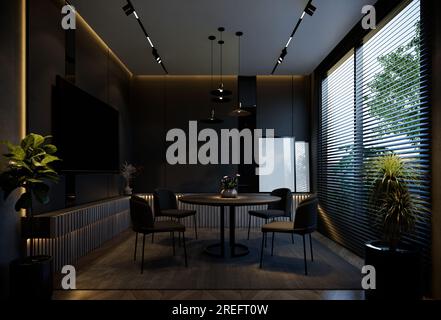 Interni minimali della sala da pranzo con toni neri. Rendering dell'illustrazione 3D. Foto Stock