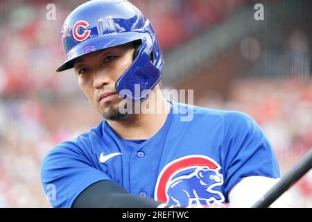 St Louis, Stati Uniti. 27 luglio 2023. I Chicago Cubs Seiya Suzuki aspettano di battere contro i St. Louis Cardinals nel primo inning al Busch Stadium di St. Louis giovedì 27 luglio 2023. Foto di Bill Greenblatt/UPI credito: UPI/Alamy Live News Foto Stock