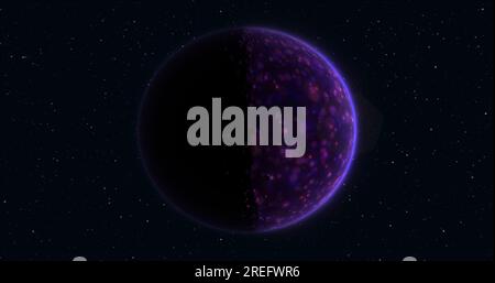 Pianeta realistico astratto sfera rotonda luminosa hi-tech viola nello spazio sullo sfondo delle stelle. Foto Stock