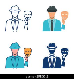 Agente spia con icona maschera impostata in stile piatto e lineare. Uomo in cappello che tiene la maschera in mano. Illustrazione vettoriale. Illustrazione Vettoriale