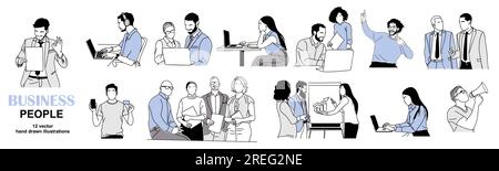 Serie di illustrazioni di uomini e donne d'affari. Illustrazione Vettoriale