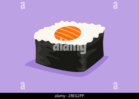Disegno grafico piatto con barra sushi maki giapponese stilizzata con simbolo etichetta con logo a bacchetta. Emblema del concetto di ristorante di pesce per negozi o cibo del Foto Stock