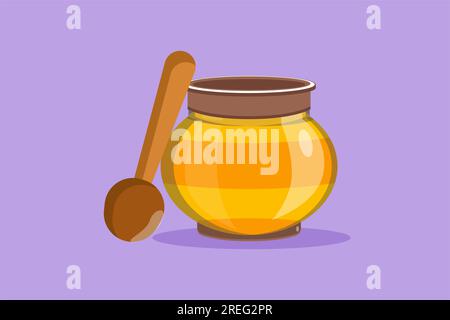 Carattere piatto che disegna fresco miele d'oro naturale dolce su vaso di vetro con cucchiaia in legno. Negozio di alimenti naturali sano integratore biologico icona per caffè o Foto Stock