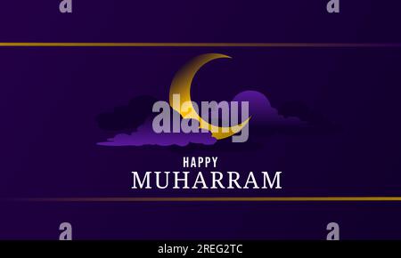 Nuovo anno islamico o modello di illustrazione vettoriale Happy muharram. Semplice omaggio all'Islam, sfondo di design con stile luna e nuvole. Illustrazione Vettoriale