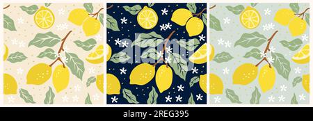 Motivo al limone senza cuciture con frutti tropici e foglie. Illustrazione Vettoriale