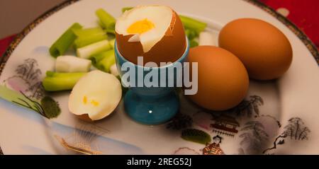 cibo per la colazione, uova sode, uova, cipollotti tritati, su un piatto dipinto a mano , roxy china, piatto, cibo dietetico, dieta, vista dall'alto, pasto piccolo Foto Stock