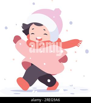 Bambini disegnati a mano che giocano nella neve a natale in stile piatto, isolati sullo sfondo Illustrazione Vettoriale