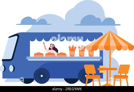 Food Truck disegnato a mano o Street Food in stile piatto isolato sullo sfondo Illustrazione Vettoriale