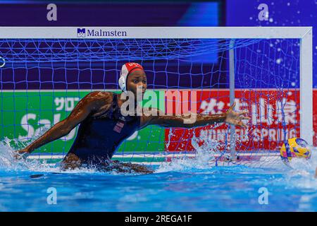 Fukuoka, Giappone. 28 luglio 2023. FUKUOKA, GIAPPONE - LUGLIO 28: Ashleigh Johnson degli Stati Uniti durante il World Aquatics Championships 2023 Women's Waterpolo 5th-6th Place decider match tra USA e Ungheria il 28 luglio 2023 a Fukuoka, Giappone (foto di Albert Ten Hove/Orange Pictures) credito: Orange Pics BV/Alamy Live News Foto Stock