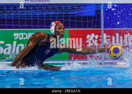 Fukuoka, Giappone. 28 luglio 2023. FUKUOKA, GIAPPONE - LUGLIO 28: Ashleigh Johnson degli Stati Uniti durante il World Aquatics Championships 2023 Women's Waterpolo 5th-6th Place decider match tra USA e Ungheria il 28 luglio 2023 a Fukuoka, Giappone (foto di Albert Ten Hove/Orange Pictures) credito: Orange Pics BV/Alamy Live News Foto Stock