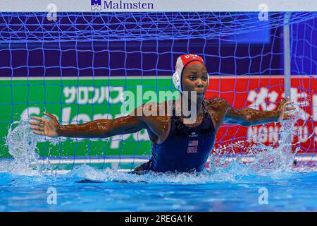 Fukuoka, Giappone. 28 luglio 2023. FUKUOKA, GIAPPONE - LUGLIO 28: Ashleigh Johnson degli Stati Uniti durante il World Aquatics Championships 2023 Women's Waterpolo 5th-6th Place decider match tra USA e Ungheria il 28 luglio 2023 a Fukuoka, Giappone (foto di Albert Ten Hove/Orange Pictures) credito: Orange Pics BV/Alamy Live News Foto Stock