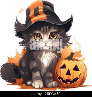 gatto di halloween vector cute grey. acquerello vettoriale sorridente zucca e gatto grigio. gatto di halloween e zucche su sfondo bianco Illustrazione Vettoriale