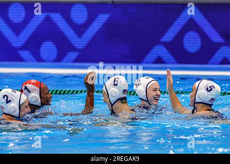 Fukuoka, Giappone. 28 luglio 2023. FUKUOKA, GIAPPONE - LUGLIO 28: Ashleigh Johnson of USA, Madeline Musselman of USA, Maggie Steffens of USA, Jordan Raney of USA festeggia durante il World Aquatics Championships 2023 Women's Waterpolo 5th-6th Place decider match tra USA e Ungheria il 28 luglio 2023 a Fukuoka, Giappone (foto di Albert Ten Hove/Orange Pictures) credito: Orange Pics BV/Alamy Live News Foto Stock