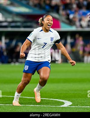 Sydney, Australia. 28 luglio 2023. Sydney, NSW, Australia, Lauren James (7 Inghilterra) segna e festeggia nella partita del gruppo D della Coppa del mondo femminile FIFA 2023 Inghilterra contro Danimarca al Sydney Football Stadium (Allianz Stadium) 28 luglio 2023, Sydney, Australia. (Keith McInnes/SPP) credito: SPP Sport Press Photo. /Alamy Live News Foto Stock