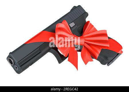 Pistola con nastro rosso e arco, concetto attuale. Rendering 3D isolato su sfondo bianco Foto Stock