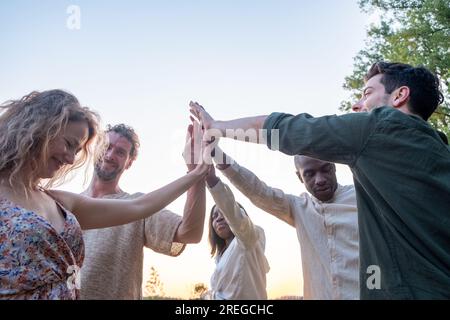 Diversi studenti polirazziali allegri che si salutano a cinque. Gruppo millenario multietnico di giovani che schiaffeggiano palme all'esterno. Gesto di celebrazione, amicizia e unità. Foto di alta qualità Foto Stock
