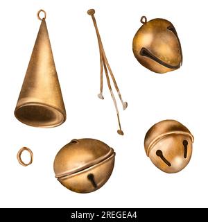 Set di campane in bronzo natalizio illustrazione digitale ad acquerello isolato su bianco. Campana di renna, simbolo di Natale, decorazione in metallo disegnata a mano. E Foto Stock