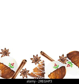 Cornice natalizia ad acquerello con biscotti croccanti di pan di zenzero con glassa, cannella e stelle di anice. Capodanno dipingendo a mano spezie isolate su fondo bianco Foto Stock