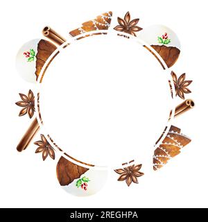 Cornice natalizia ad acquerello con biscotti croccanti di pan di zenzero con glassa, cannella e stelle di anice. Logo pittura a mano di Capodanno con spezie isolate su W Foto Stock