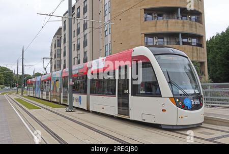 Tram di Edimburgo a Newhaven, Scozia, Regno Unito Foto Stock