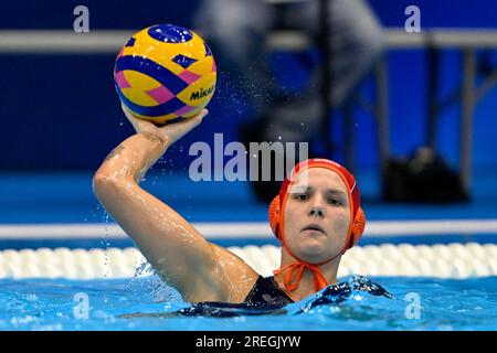Fukuoka, Giappone. 28 luglio 2023. FUKUOKA, GIAPPONE - LUGLIO 28: Laura Aarts dei Paesi Bassi durante la partita di pallanuoto femminile tra Paesi Bassi e Spagna il giorno 15 dei Campionati mondiali di acquacoltura 2023 di Fukuoka alla Marine Messe Fukuoka Hall B il 28 luglio 2023 a Fukuoka, Giappone. (Foto di Nikola Krstic/BSR Agency) credito: BSR Agency/Alamy Live News Foto Stock