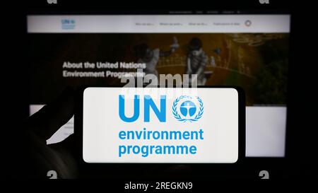 Persona che possiede uno smartphone con il logo del programma delle Nazioni Unite per l'ambiente (UNEP) sullo schermo davanti al sito Web. Concentrarsi sul display del telefono. Foto Stock