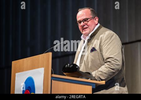 Monaco, Germania. 28 luglio 2023. Il capo di Wiesn Clemens Baumgärtner parla in una conferenza stampa sulle innovazioni all'Oktoberfest di Monaco. Crediti: Lennart Preiss/dpa/Alamy Live News Foto Stock