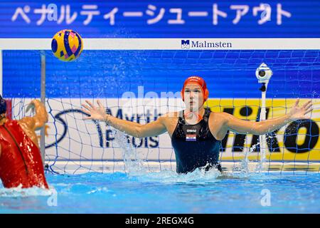 Fukuoka, Giappone. 28 luglio 2023. FUKUOKA, GIAPPONE - LUGLIO 28: Laura Aarts dei Paesi Bassi dopo la partita di pallanuoto femminile tra Paesi Bassi e Spagna il 15° giorno dei Campionati mondiali di nuoto 2023 di Fukuoka alla Marine Messe Fukuoka Hall B il 28 luglio 2023 a Fukuoka, Giappone. (Foto di Nikola Krstic/BSR Agency) credito: BSR Agency/Alamy Live News Foto Stock