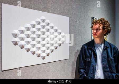 Londra, Regno Unito. 28 luglio 2023. Roman Aspeek Bloor (gestore artistico) con la sua opera Tessellation, 2023, est £200-300 - Anteprima dell'asta d'arte del personale Bonhams che termina il 4 agosto 2023. Il premio dell'acquirente di questa vendita sarà devoluto per curare il morbo di Parkinson, che si impegna a sensibilizzare e finanziare la ricerca curativa sul morbo di Parkinson. Crediti: Guy Bell/Alamy Live News Foto Stock