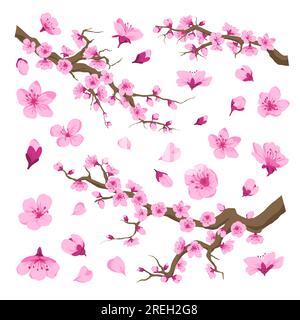 Motivo floreale senza cuciture con fiori di sakura, ciliegi in fiore e fiori fiorenti sui rami. Carta da parati o fondo, giardino o frutteto zen, Illustrazione Vettoriale