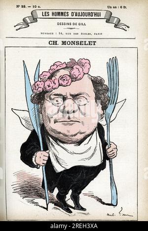 Portrait de Charles Monselet (1825-1888), poete, journaliste, romancier et gastronome francais. Caricature de Gill, in "Les Homme d'Aujourd'hui", Parigi, 1878. Foto Stock