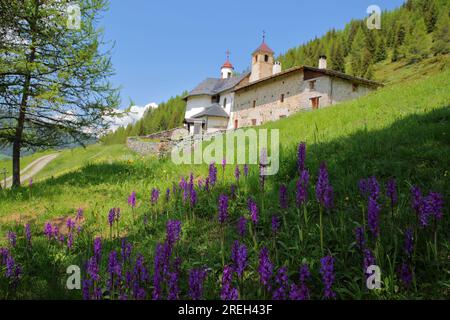 Santuario di Notre Dame des Vernettes (datato 18 secolo), una chiesa situata sopra Peisey Nancroix, Alpi francesi settentrionali, Tarentaise, Savoia, Francia Foto Stock