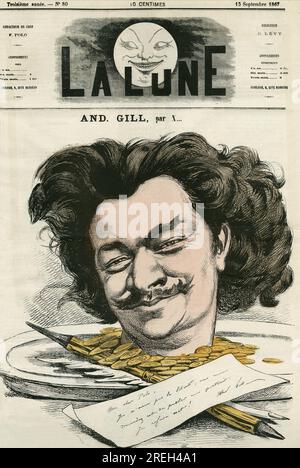 Autoportrait de Louis-Alexandre Gosset de Guines dit Andre Gill (1840-1885), dessinateur et caricaturiste francais. Caricature par Gill, in "la Lune", le 15 settembre 1867. Foto Stock